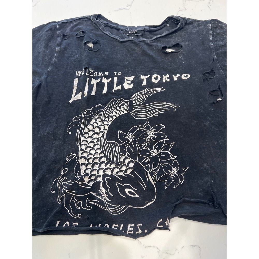 Forever 21 Little Tokyo Koi Fish Distressed Crop Acid Wash Tee‎ Black S Grunge